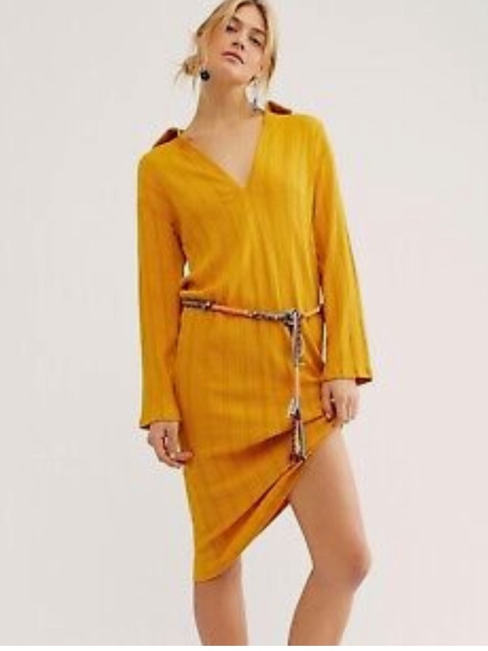 Free People Beach Palma Ribbed Dress With Collar Long Sleeve Mustard Yellow
